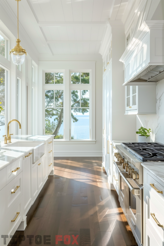 galley white kitchen gold hardware stainless steel oven dark wood floor white farmhouse sink gold faucet white cabinets white countertops white range hood design modern