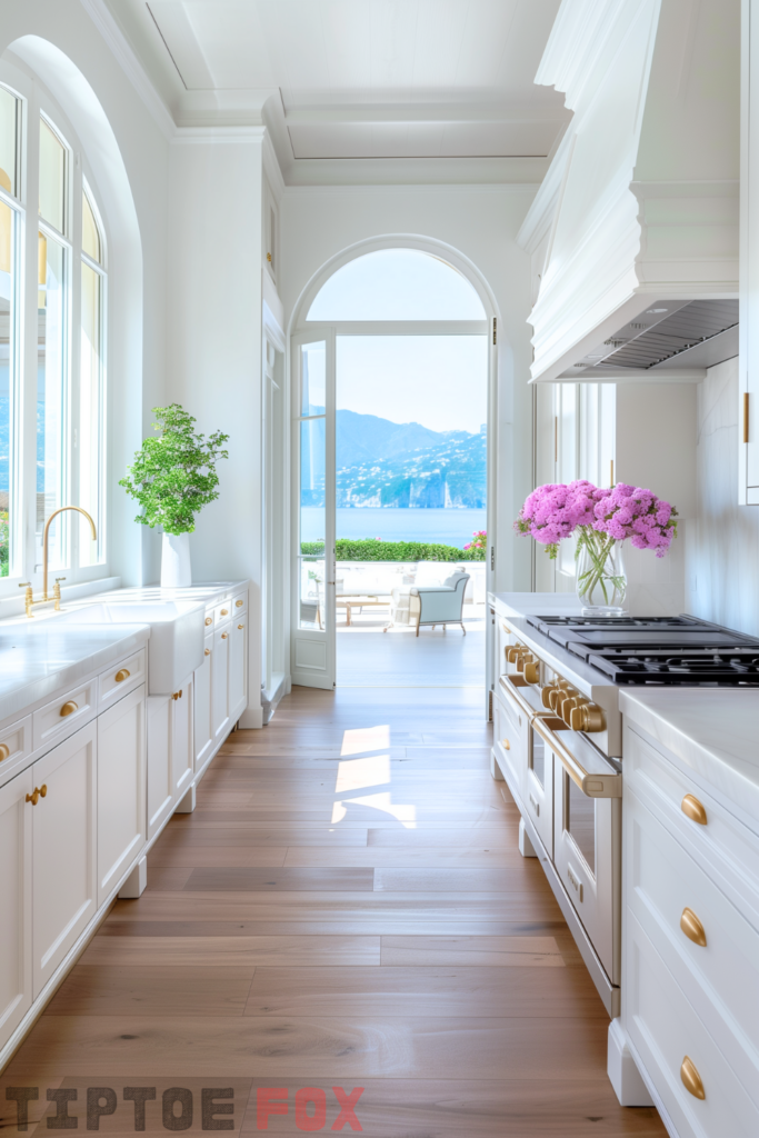 galley white kitchen gold hardware wood floor white sink gold faucet white cabinets white countertops open patio design modern