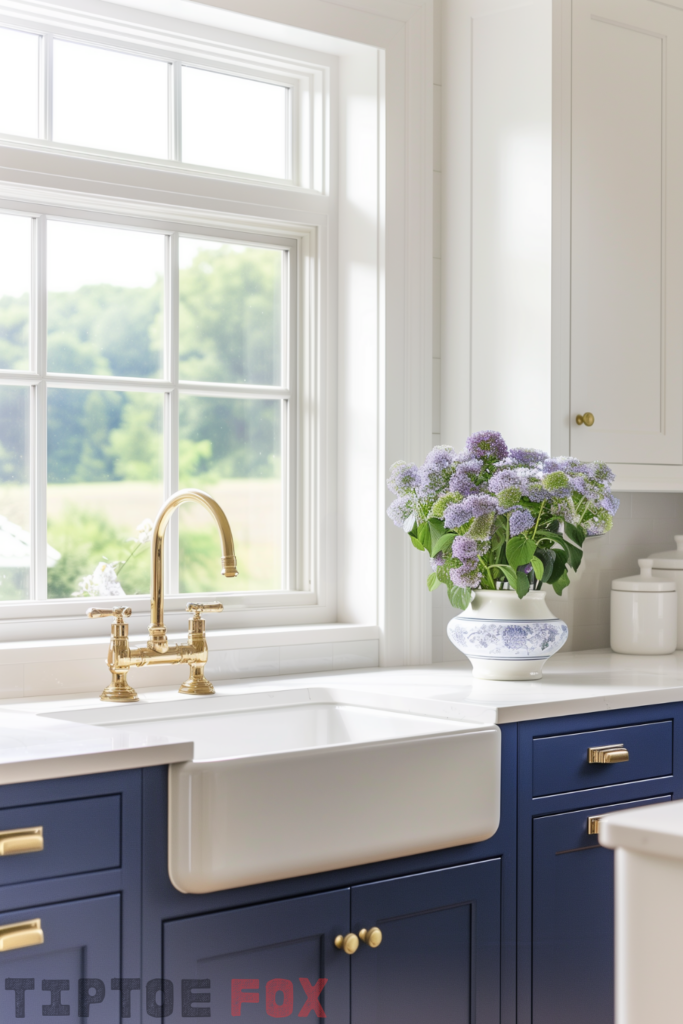 gold bronze faucet with white farmhouse sink navy blue cabinets white countertops white window view modern kitchen layout