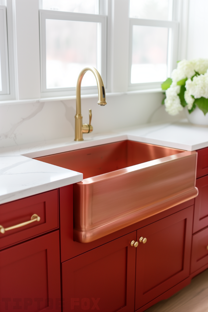 gold faucet copper farmhouse sink red cabinets white quartz countertops single bowl under white windows modern kitchen design