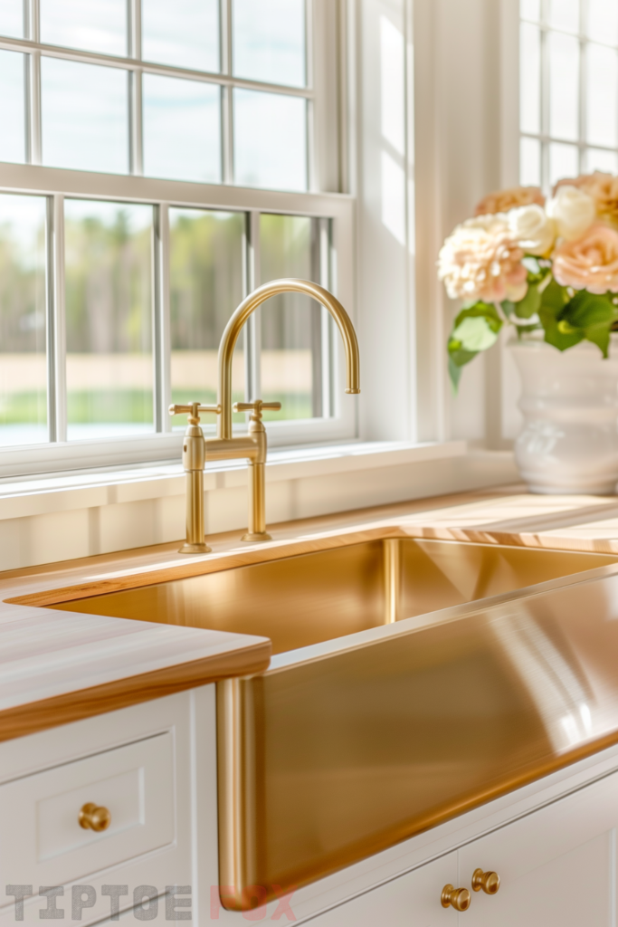 gold faucet gold sink butcher block countertops wood with under window layout farmhouse kitchen design