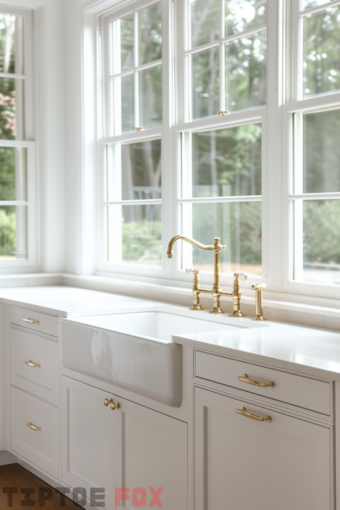 gold faucet white farmhouse sink white kitchen cabinets white countertops wood floor modern kitchen design