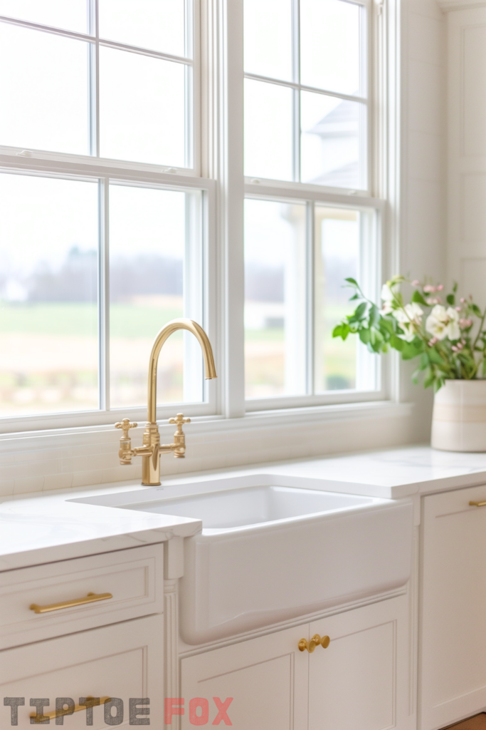 gold faucet with white farmhouse sink white quartz countertops white cabinets white trim windows modern kitchen layout