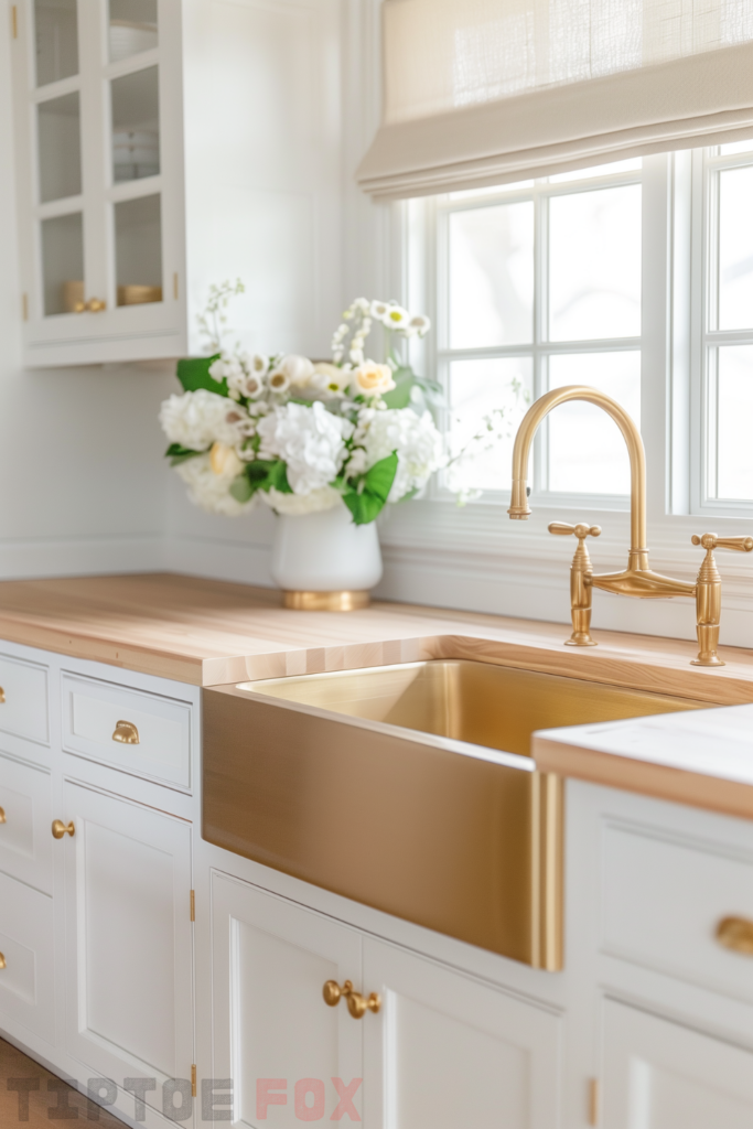 gold hardware white kitchen gold sink butcher block countertops gold faucet white cabinets white windows farmhouse kitchen design