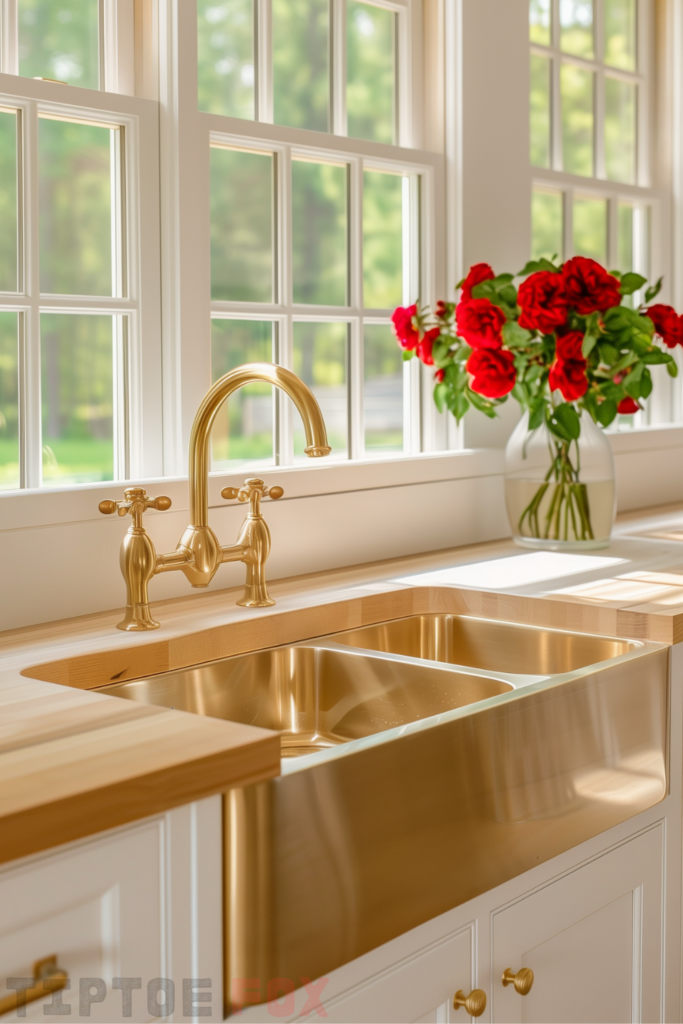 gold hardware white kitchen gold sink butcher block countertops gold faucet white cabinets white windows farmhouse kitchen idea