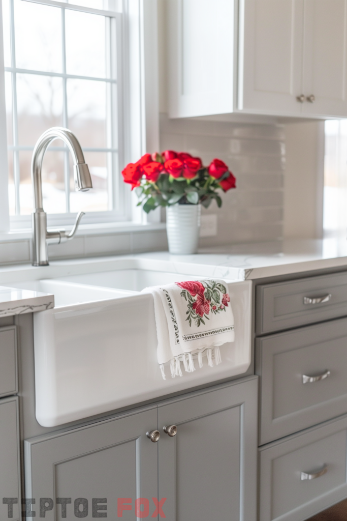 gray cabinets white farmhouse kitchen sink double bowl with white quartz countertops white window view modern kitchen layout