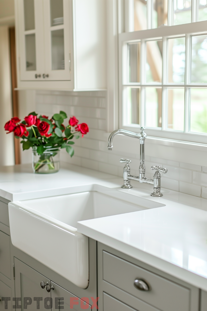 gray cabinets white farmhouse sink single bowl with white countertops white window view modern kitchen layout