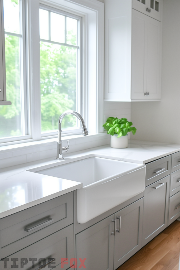 gray cabinets white farmhouse sink white backsplash white countertops chrome faucet wood floor modern kitchen design