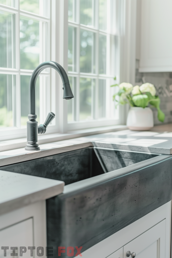 gray concrete countertops black sink black faucet silver hardware under white windows modern kitchen design