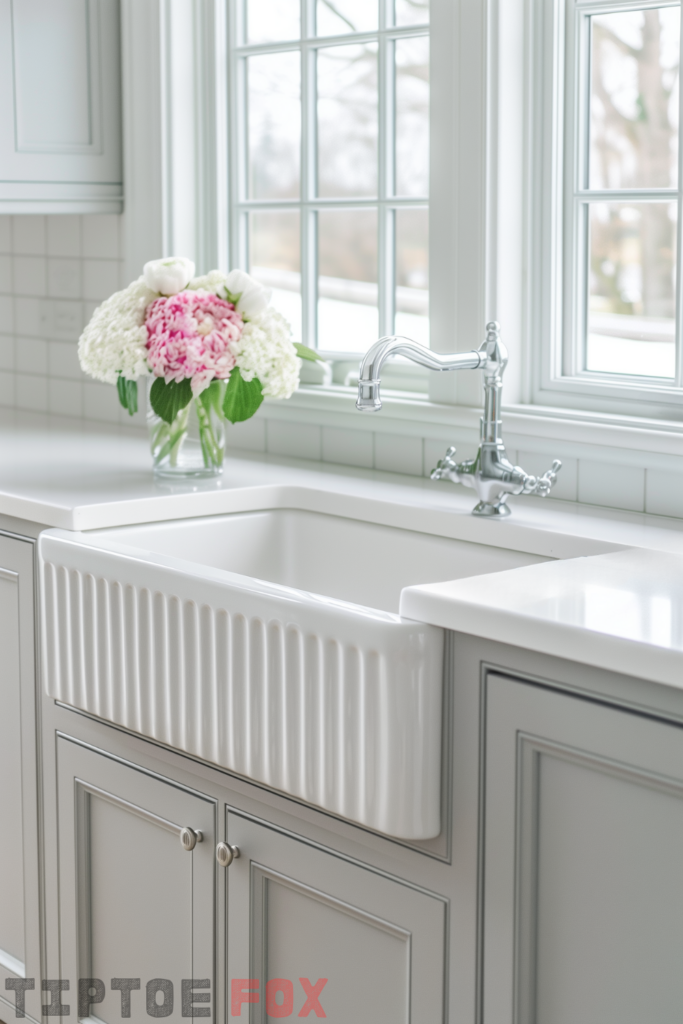 gray kitchen cabinets with fluted farmhouse sink porcelain white modern kitchen layout