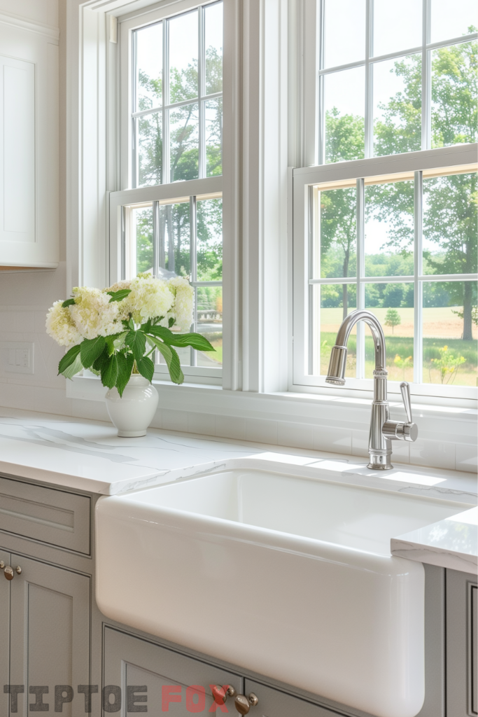 gray kitchen cabinets with white farmhouse kitchen sink porcelain modern