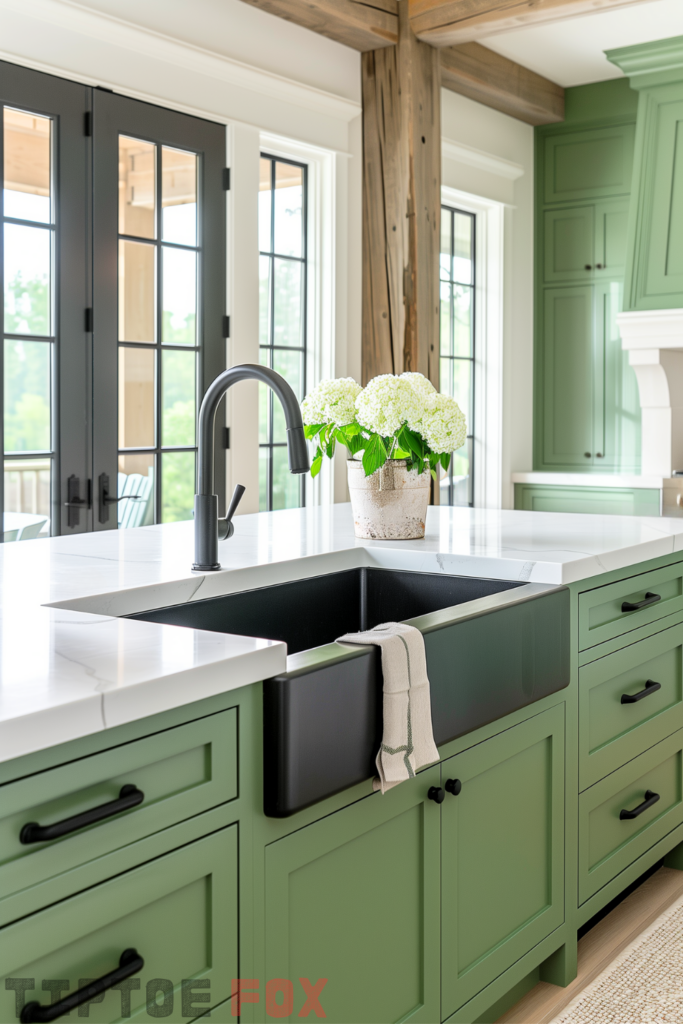 green cabinets black sink island white quartz countertops black stainless steel faucet black hardware modern kitchen wood beams