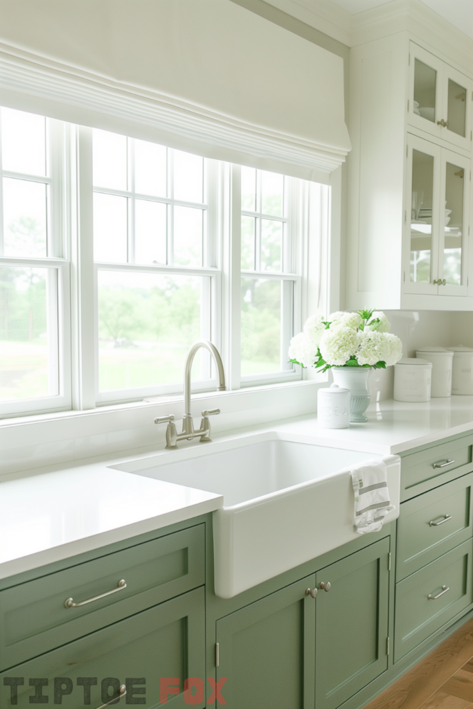 green cabinets white farmhouse sink white countertops stainless steel faucet wood floor modern kitchen layout