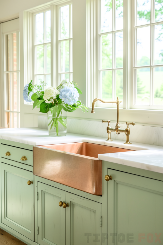 green sage cabinets gold sink brass faucet white quartz countertops under window design kitchen