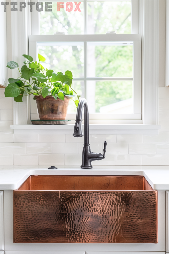 hammered copper farmhouse kitchen sink with black kitchen faucet