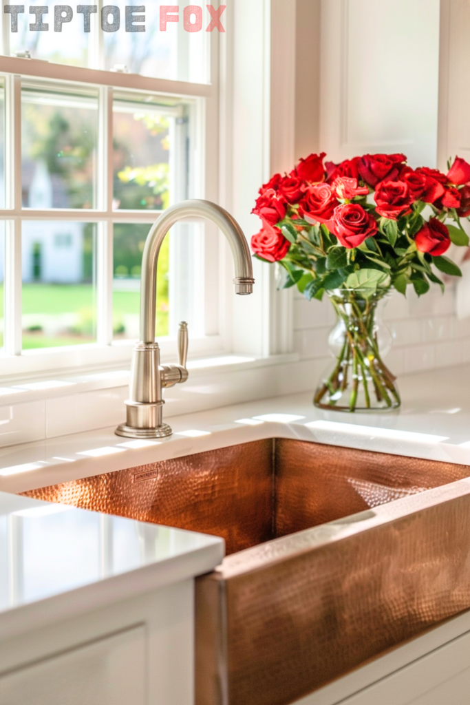 hammered copper farmhouse kitchen sink with stainless steel faucet window