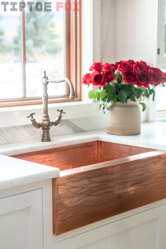 hammered copper farmhouse kitchen sink with vintage kitchen faucet two handle with red rose decor