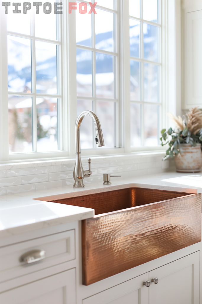 handmade copper farmhouse kitchen sink with stainless steel kitchen faucet window open design