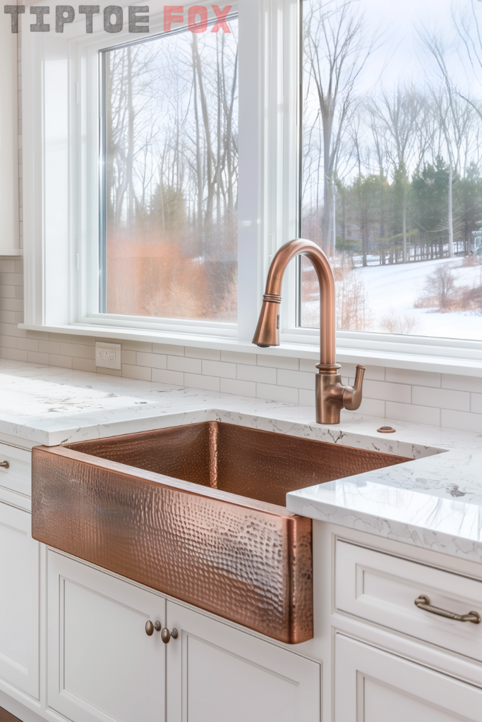 handmade hammered copper farmhouse kitchen sink with copper kitchen faucet pull down sprayer