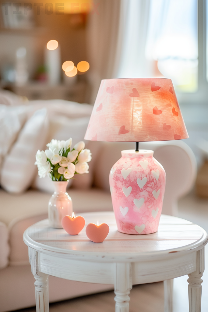 heart pink lamp white table pink candles living room decor idea