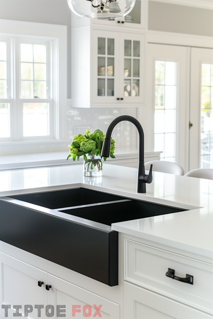 island white kitchen black sink white cabinets white countertops black faucet black hardware modern kitchen