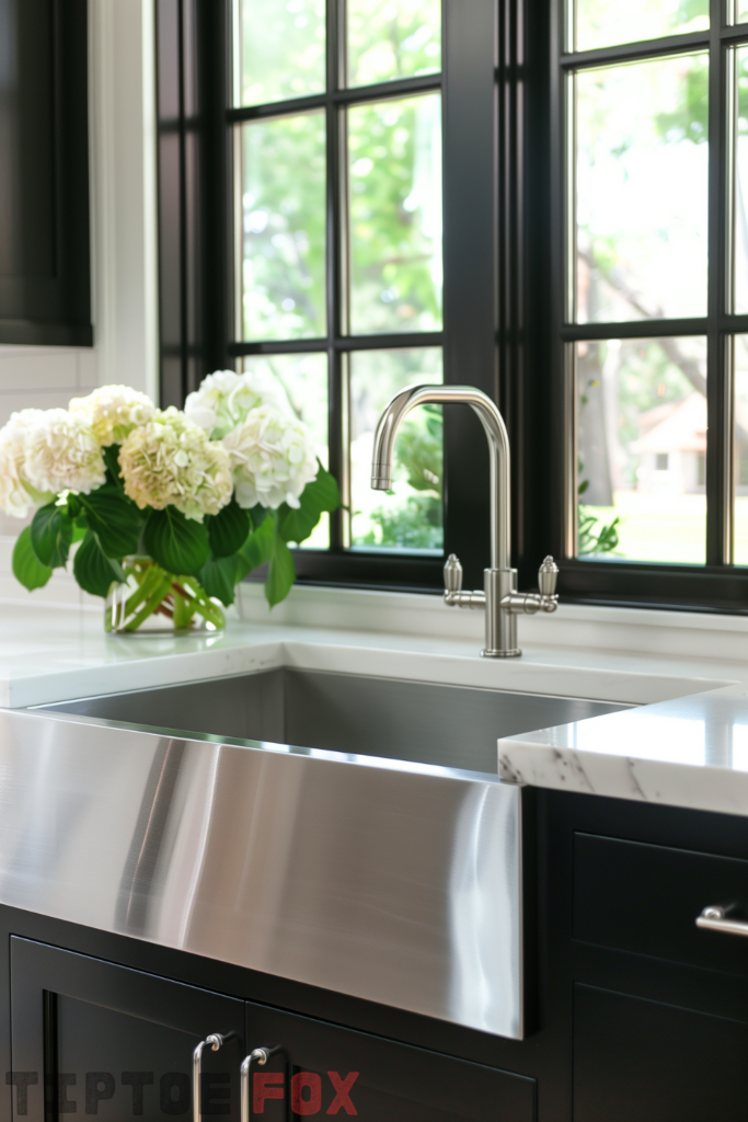 large basin stainless steel farmhouse kitchen sink black kitchen cabinets white countertops modern design