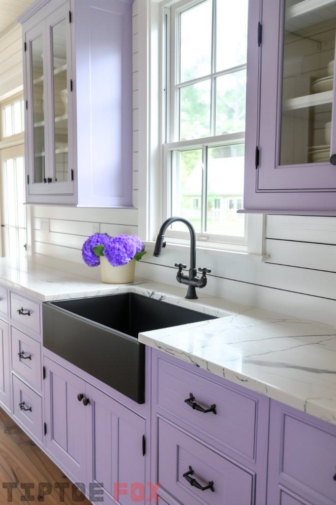 lavender purple cabinets black sink white quartz countertops black faucet black hardware under white windows shiplap modern kitchen design