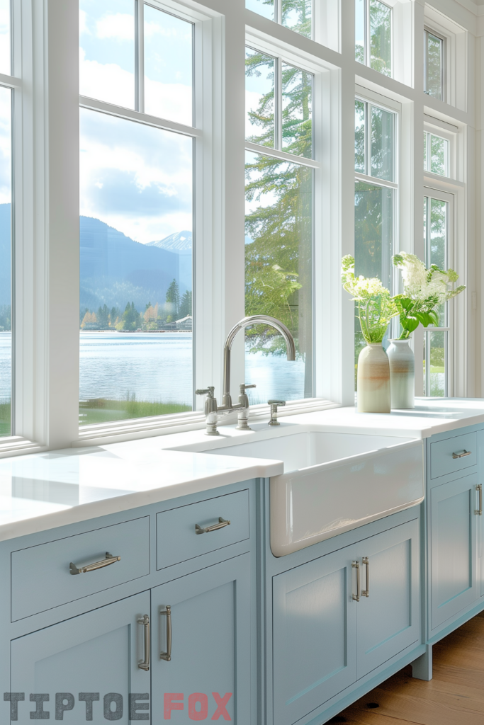 light blue cabinets white farmhouse sink white countertops modern lake view