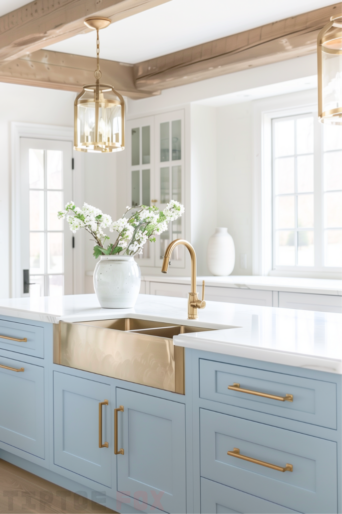 light blue island copper farmhouse sink gold faucet exposed wood beams gold light fixtures wood floor double bowl modern kitchen design