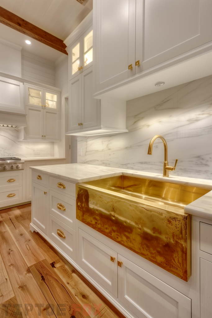 marble kitchen gold farmhouse sink gold hardware gold faucet white marble countertops marble backsplash white cabinets modern kitchen