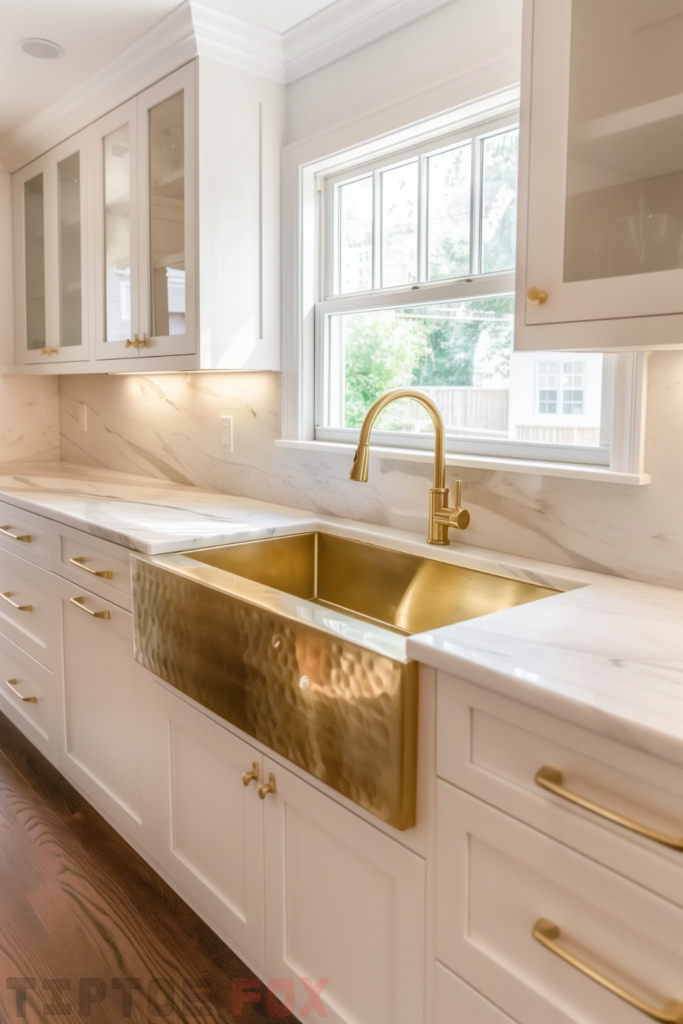 marble kitchen gold sink gold hardware gold faucet white marble countertops marble backsplash white cabinets under window design for kitchen