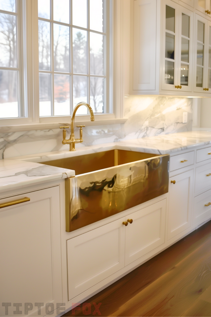 marble kitchen gold sink gold hardware white marble countertops white cabinets under window design for kitchen