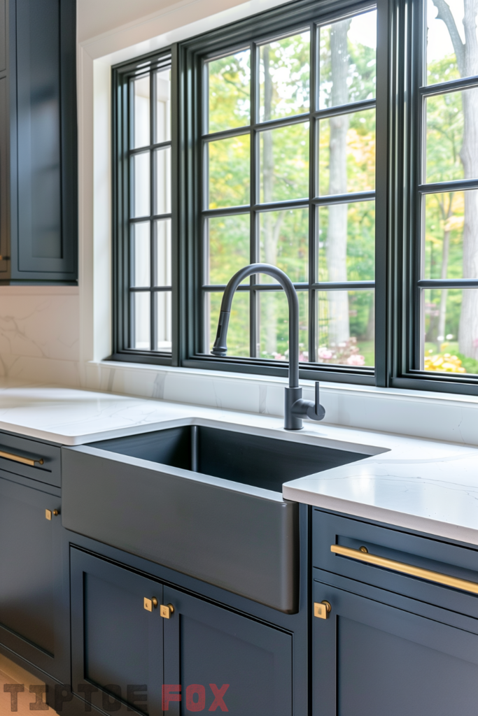 navy blue cabinets black farmhouse sink gold hardware black faucet white quartz countertops under black windows undermount single bowl modern design