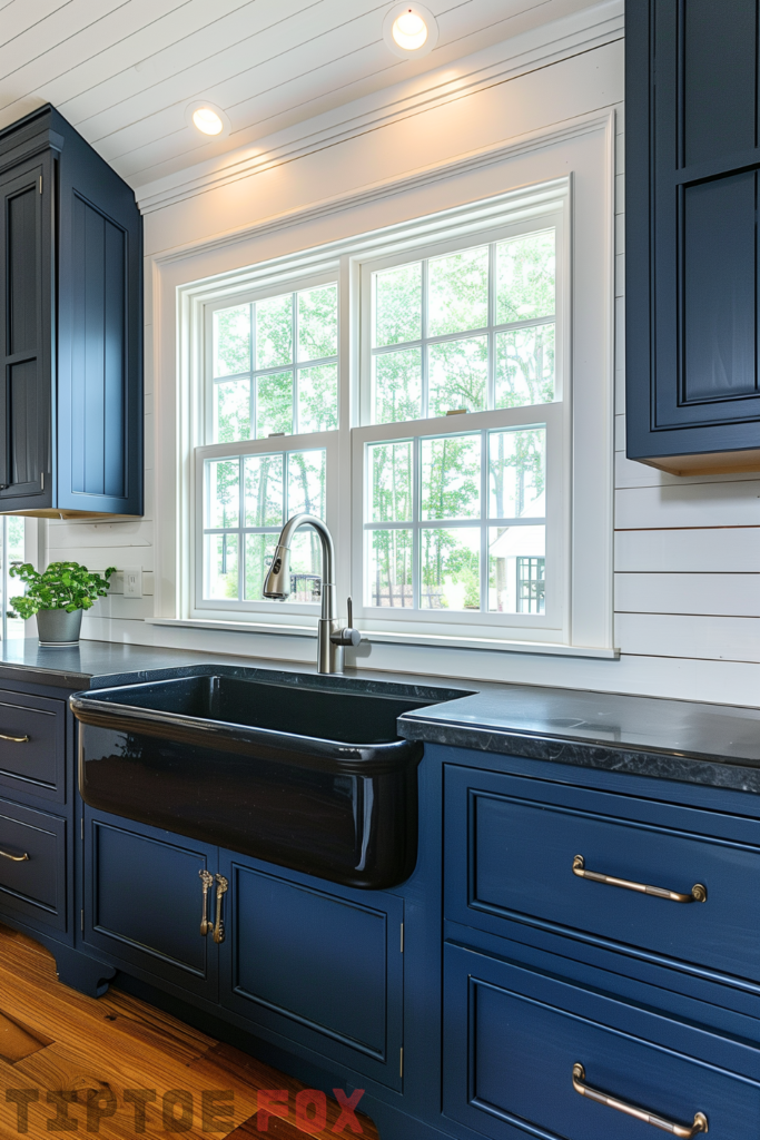 navy blue cabinets black farmhouse sink stainless steel faucet bronze hardware under white windows shiplap modern kitchen layout