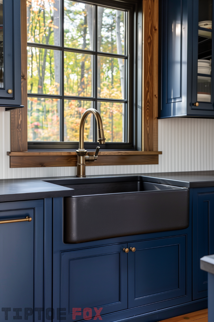 navy blue cabinets black sink black countertops brass gold faucet brass gold hardware under windows undermount single bowl modern farmhouse design