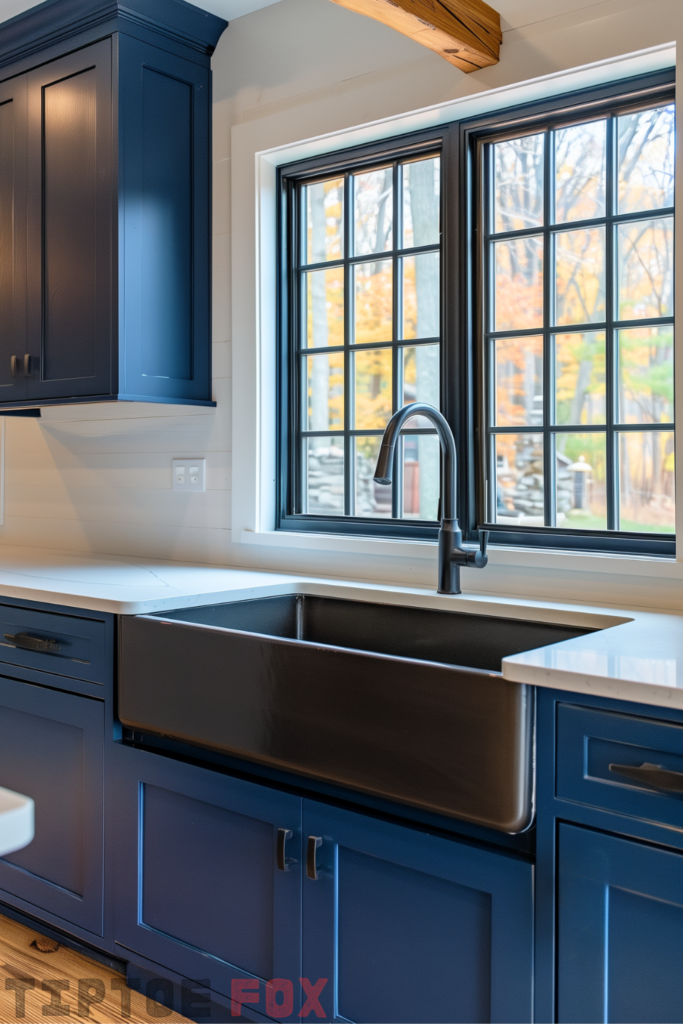 navy blue cabinets black sink black faucet black hardware under black windows modern kitchen design