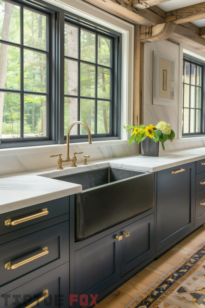 navy blue cabinets black sink brass faucet gold hardware under windows modern kitchen design wood beams