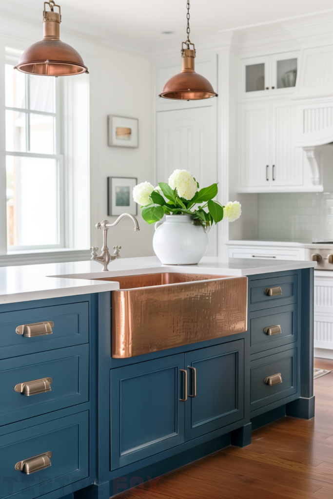 navy blue cabinets copper farmhouse sink chrome faucet single bowl in island white countertops white modern kitchen