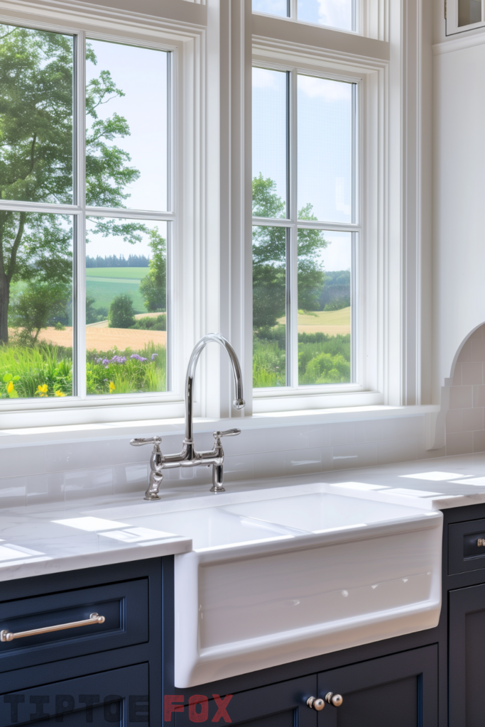 navy blue cabinets with white farmhouse sink white countertops white window view two handle chrome faucet modern kitchen layout