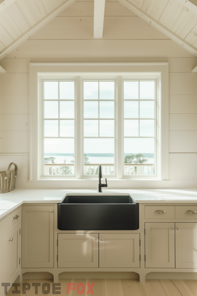 neutral kitchen black sink beige cabinets farmhouse design black faucet