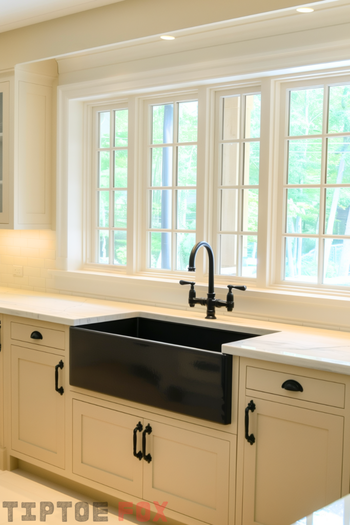 neutral kitchen black sink black faucet white countertops under window modern kitchen design