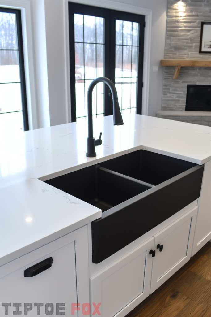 neutral kitchen black sink double bowl undermount in island white countertops white cabinets black faucet black hardware modern kitchen design