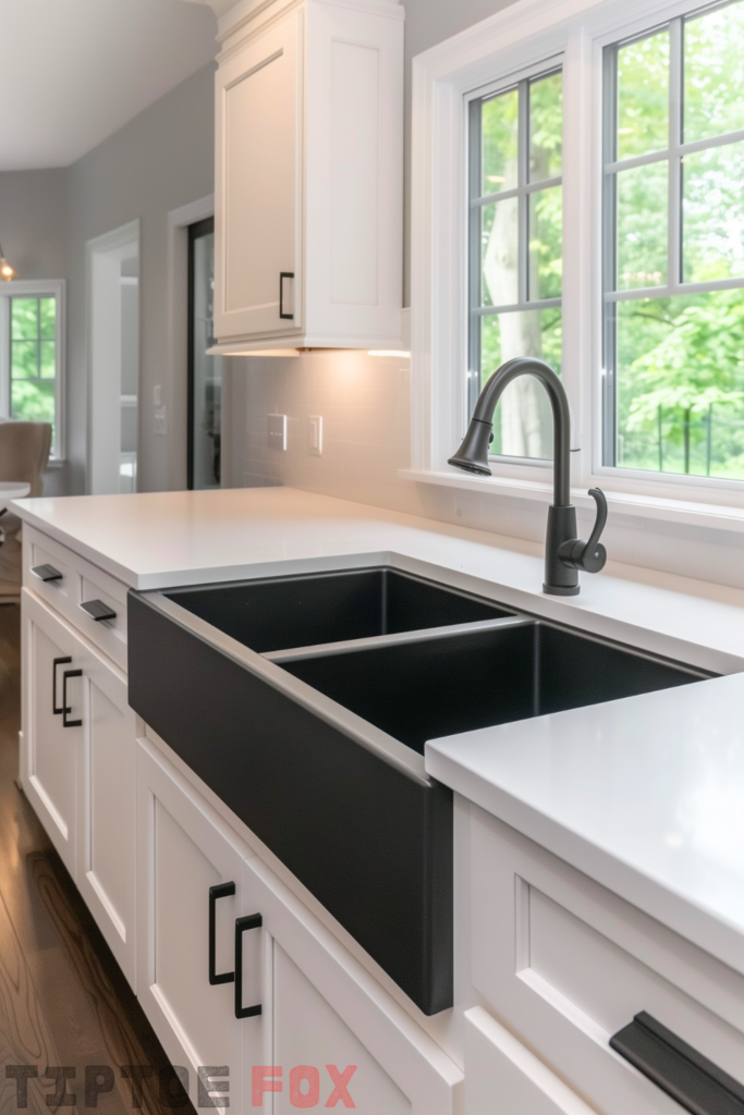 neutral kitchen black sink double bowl undermount white countertops white cabinets black stainless steel faucet black hardware modern kitchen under window