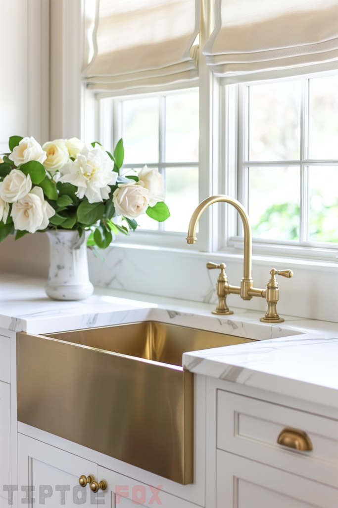 neutral kitchen gold sink quartz countertops white with gold hardware gold faucet white cabinets under white windows modern