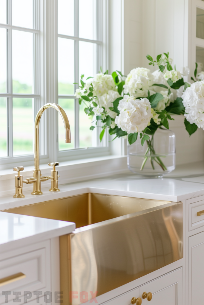 neutral kitchen gold sink white cabinets gold faucet gold hardware white countertops modern kitchen layout