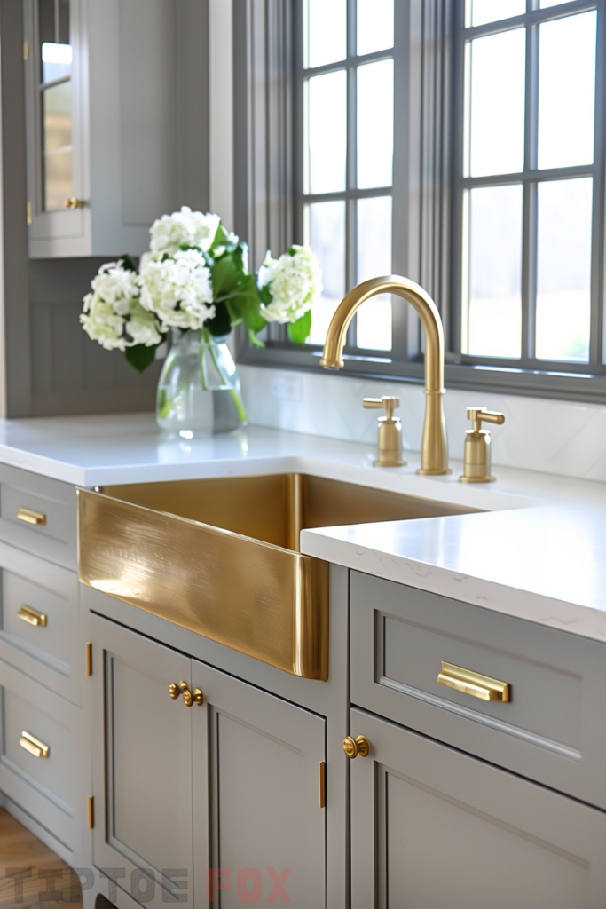 neutral kitchen gold sink white countertops gray cabinets with gold hardware gold faucet under windows modern