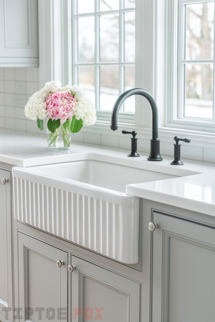 neutral kitchen white farmhouse fluted sink black faucet gray cabinets white countertops modern kitchen design