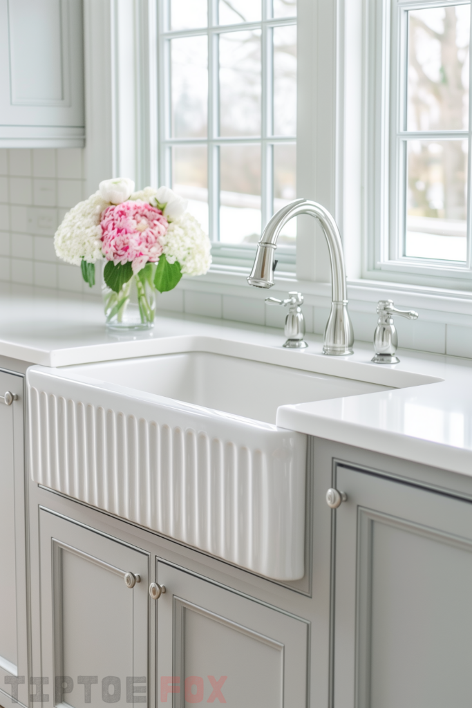 neutral kitchen white farmhouse sink chrome faucet gray cabinets white countertops modern kitchen design