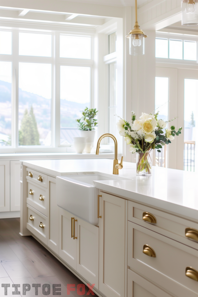 neutral white kitchen gold hardware beige island wood floor gold faucet white countertops white windows white apron sink modern design