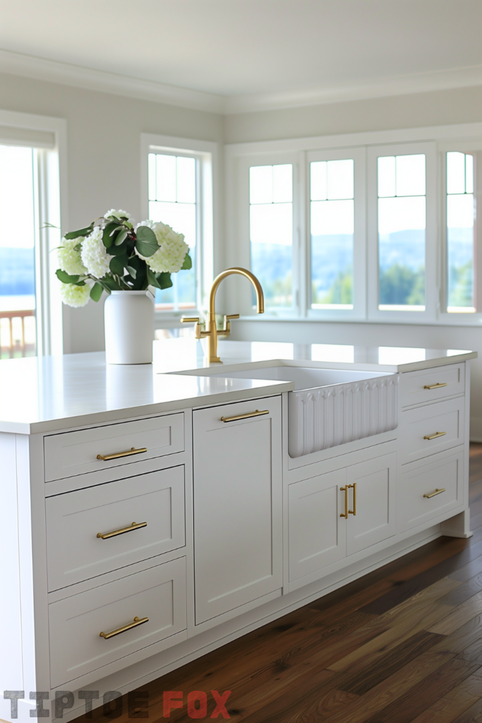 neutral white kitchen gold hardware dark floors gold faucet white countertops white cabinets white windows white fluted farmhouse sink modern design